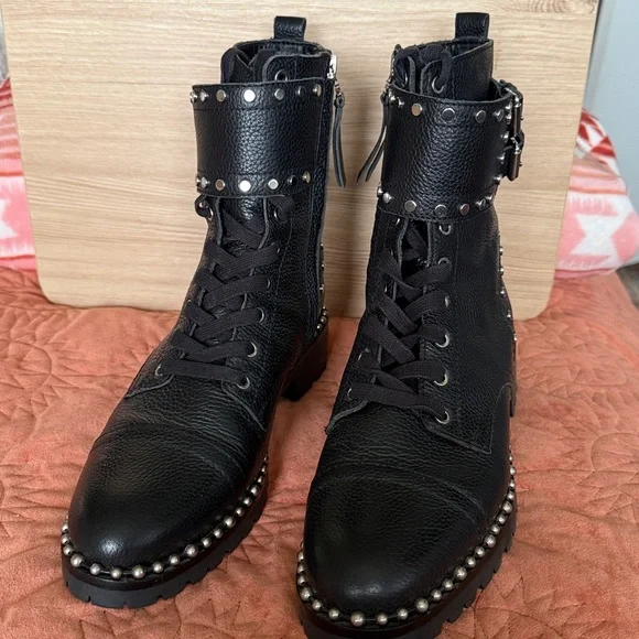 Sam Edelman Silver Studs Leather Black Zipper Combat Boots - Picture 2 of 12